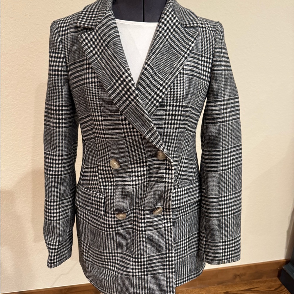 Classic Black & White Plaid Double-Breasted Women's Blazer